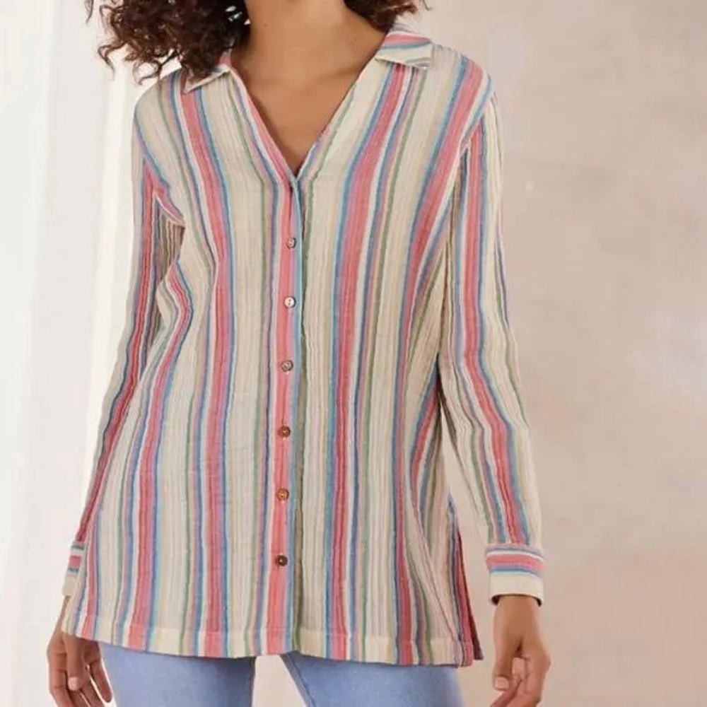 Soft Surroundings Senna Gauze Tunic Shirt Long Sleeve Multi Striped‎